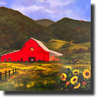 Jan Wilson Smith  Sunflower Barn  Oil on Canvas  32h  x 35w in, Framed  $850